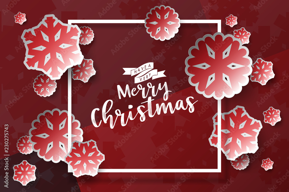 Poster colours paper cut of vector snowflake on gradient colours ornate background with merry christmas pha