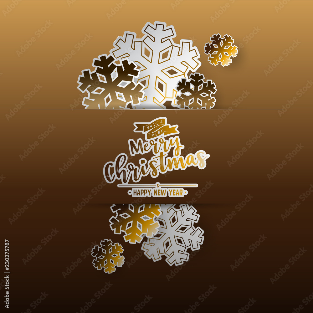 Poster Colours paper cut of vector snowflake on gradient colours ornate background with merry christmas phase text