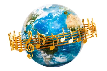 Deurstickers Earth Globe with musical notes around, 3D rendering © alexlmx