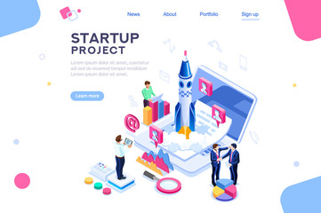Fototapeta na wymiar Space dashboard for tech teamwork, ux at new launch of company. Homepage for a product, start a conceptual project on website. Insurance infographic. Isometry concept with characters. Isometric vector