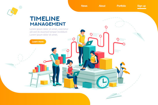 Document management, team thinking, brainstorming analytics information about company. Clock always at office. Around infographic flying presentation history timeline concept. Flat isometric character