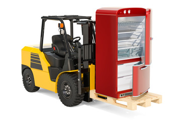 Forklift truck with fridge on the pallet. Delivery of kitchen appliance concept. 3D rendering
