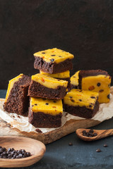 Brownies with cheese cake made from pumpkin, decorated with pease of chocolate and lingonberry 