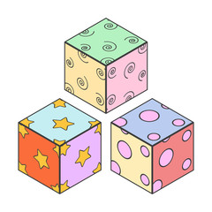 Illustration of three children's cubes with multicolored sides and different patterns. Isolated vector on white background.