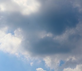 The gray and white clouds in the cloudy sky. 