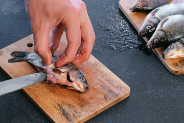 Man gutting a carp fish. Cooking fish. Hands close-up.