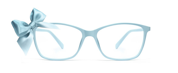 christmas eyeglasses gift card, blue spectacles and blue ribbon bow, isolated on white background