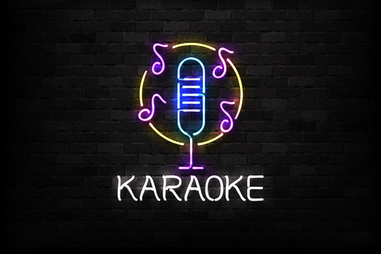 Vector realistic isolated neon sign of Karaoke logo for decoration and covering on the wall background. Concept of night club and live music.