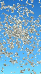 Flying dollars banknotes against the sky background. Money is flying in the air. 100 US banknotes new sample. 3D illustration