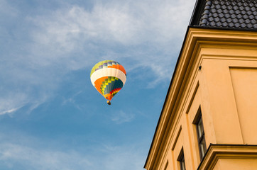 Colorful hot air balloon in blue sky, Stockholm, Sweden