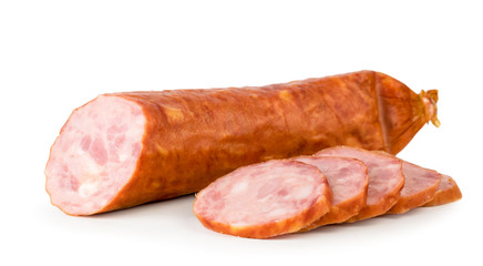 Rocking sausage cut into pieces close-up on a white. Isolated.