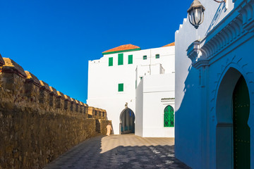 Beautiful promenade on the city wall of the ancient white city Asilah in Morocco