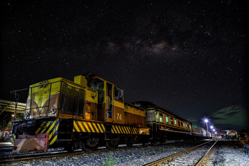 Train in the night and milky way
