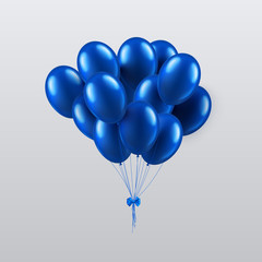 White festive card with blue realistic 3d balloons.