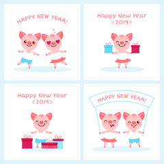 Cartoon boy girl piglets characters set,2019 Happy New Year zodiac pig sign character,greeting card banner concept.Smiling adorable charming mascots with gift boxes,wish banner,kisses postcard