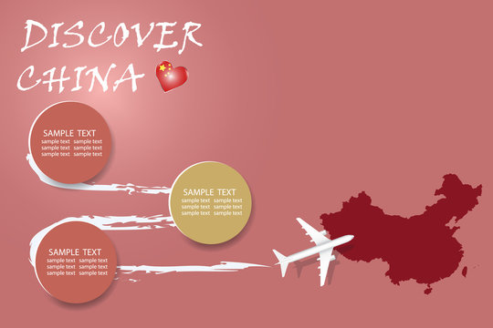Discover China blank template with an airplane flying to the map of China. The vector has a place for your photos or text. It can be used for travel agencies, transportattion or travel industry etc. 