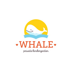 Flat cartoon whale character icon logo doodle concept.Adorable charming Logo Mascot Illustration for preschool education center kindergarten