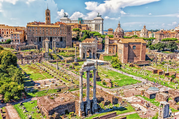 View on the Roman Forum: the Temple of Castor and Pollux, the Arch of Septimius Severus, the Temple...