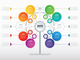 Business presentation concept with 8 or 10 options. Web Template of tree, info chart or diagram. Vector infographic of technology or education process with 8 or 10 steps. Brochure design template.