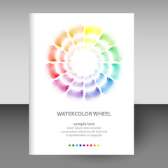 vector cover of diary or notebook white hardcover - format A4 layout brochure concept - watercolor round schema wheel - basic color theory