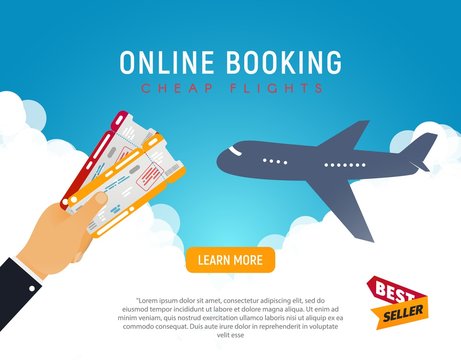 Cheap flight travel vector banner best seller . Online booking airline tickets background concept. Air travel and Business trip concept.
