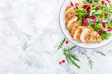 Grilled chicken breast, fillet and fresh vegetable leafy salad with arugula and pomegranate on plate