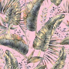 Exotic natural vintage watercolor seamless pattern of banana lea