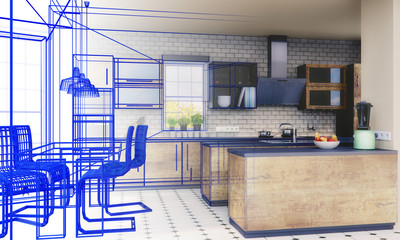 Küchenplanung - Skizze - 3D Render - 230284149