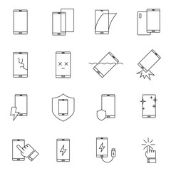 Simple Set of Smartphone Protection Related Vector Line Icons. Contains such Icons as Screen Protector, Delicate Touch, Tempered Glass and more. Simple pictograms.