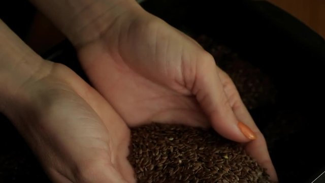 Woman hand taking handful of line seeds in natural light