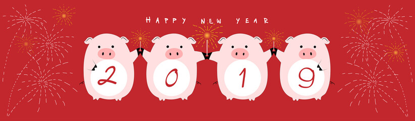 Happy Chinese new year 2019,Chinese symbol of 2019 with four pigs holding sparkler in red background,Vector illustration cute pigs cartoon with happy new year for card, cover and banner