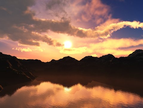 Sunset over the lake in the mountains, mountain landscape with a lake at sunset
