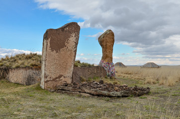 large stone pillars at the entrance of Bolshoy Salbyksky Kurgan in Kings Valley Ust-Abakan...