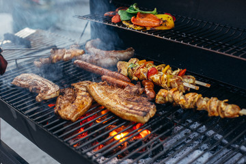 Barbecue grill party. Tasty grilled meat and vegetables