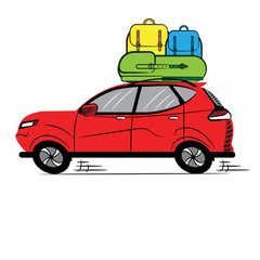 Red Car with Backpacks. Icon. Sketch. Symbol. Sign. Stock Vector Illustration. Transparent. White Isolated.