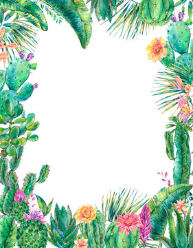 Exotic natural vintage watercolor blooming cactus vertical frame