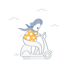 Fast shipping, travel, journey or speed transportation. Cute funny woman riding delivery scooter or moped on its way to deliver happiness. E-Commerce template. Isolated vector illustration.