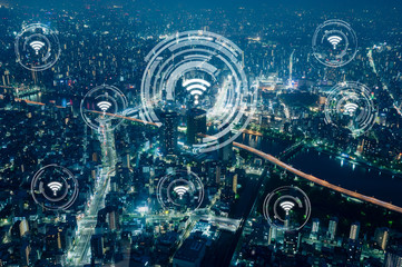 Blue high-tech tone of cityscape conneted line, technology concept, internet of things conceptual