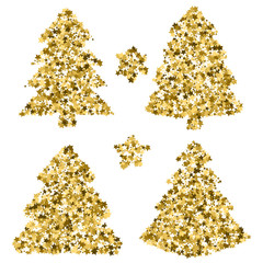 Four christmas trees at greeting card. Vector art with golden stars. Template for laser cutting. Small stars in tree shape.