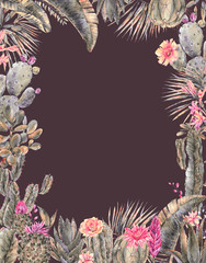 Exotic natural vintage watercolor blooming cactus vertical frame