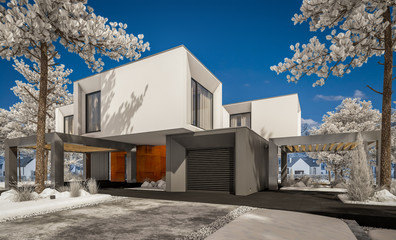 3d rendering of modern cozy house with garage and garden. Cool winter day with shiny white snow. For sale or rent with beautiful white spruce on background