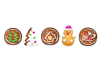 Set of various gingerbread figures. Cute hand drawn honey cakes. Traditional sweet Christmas treat. Colorful vector illustration.