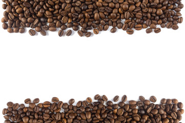 Coffee beans at border of image with copy space for text. Coffee background or texture concept....