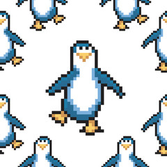 Fototapeta na wymiar Seamless pattern with penguins. Cute pixel penguins. 8 bit vector illustration. Winter animals pattern.