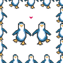 Seamless pattern with penguins in love. Cute pixel penguins. 8 bit vector illustration. Winter animals pattern.