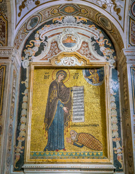 Golden mosaic in The Martorana (Cathedral of Saint Mary of the Admiral) in Palermo. Sicily, Italy.