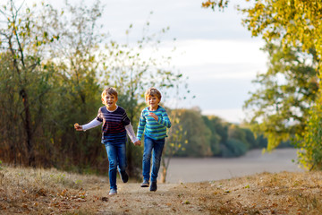 Fototapeta premium Two little school kids boys running and jumping in forest. Happy children, best friends and siblings having fun on warm sunny day early autumn. Twins and family, nature and active leisure.