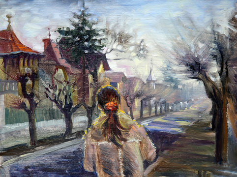 Painting of the girl walking in the old city