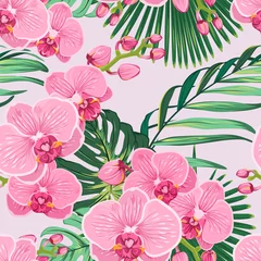 Aluminium Prints Orchidee Seamless floral pattern with bright pink purple orchid phalaenopsis on light pink background with green jungle palm tree exotice tropical leaves.