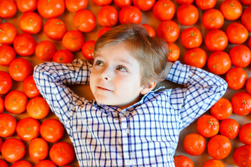 Fototapeta na wymiar Adorable little kid boy with mandarin oranges background. Happy smiling child having fun with lot of fruits. Healthy food, eating and lifestyle concept